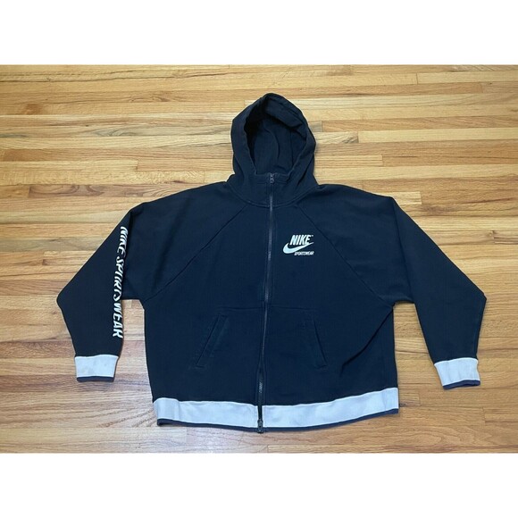 Nike Sportwear Full Zip Hoodie Men's XL Black Long Raglan Sleeve Swoosh Logo
